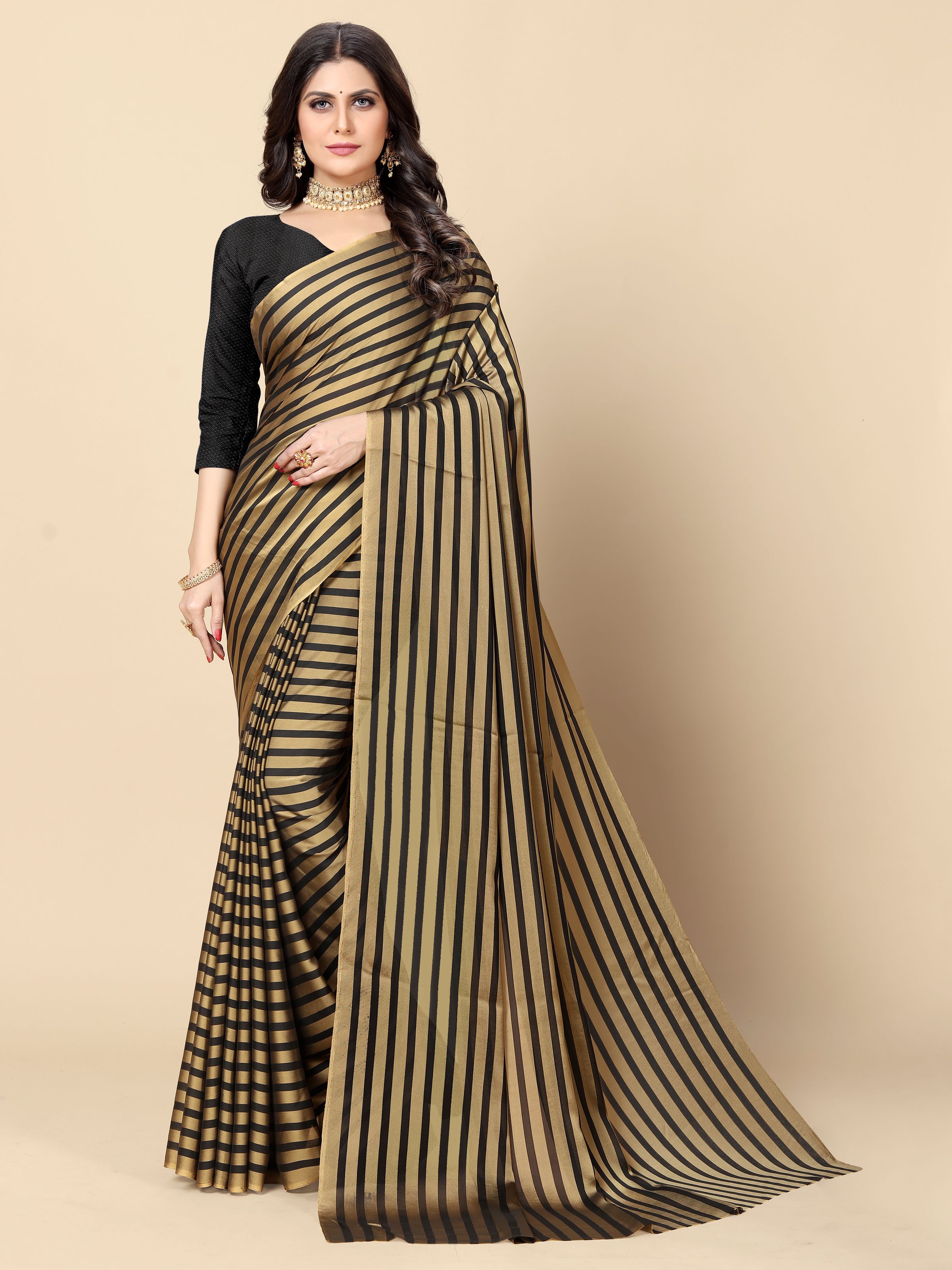 Rangita Women Striped Georgette Saree With Blouse Piece - Gold