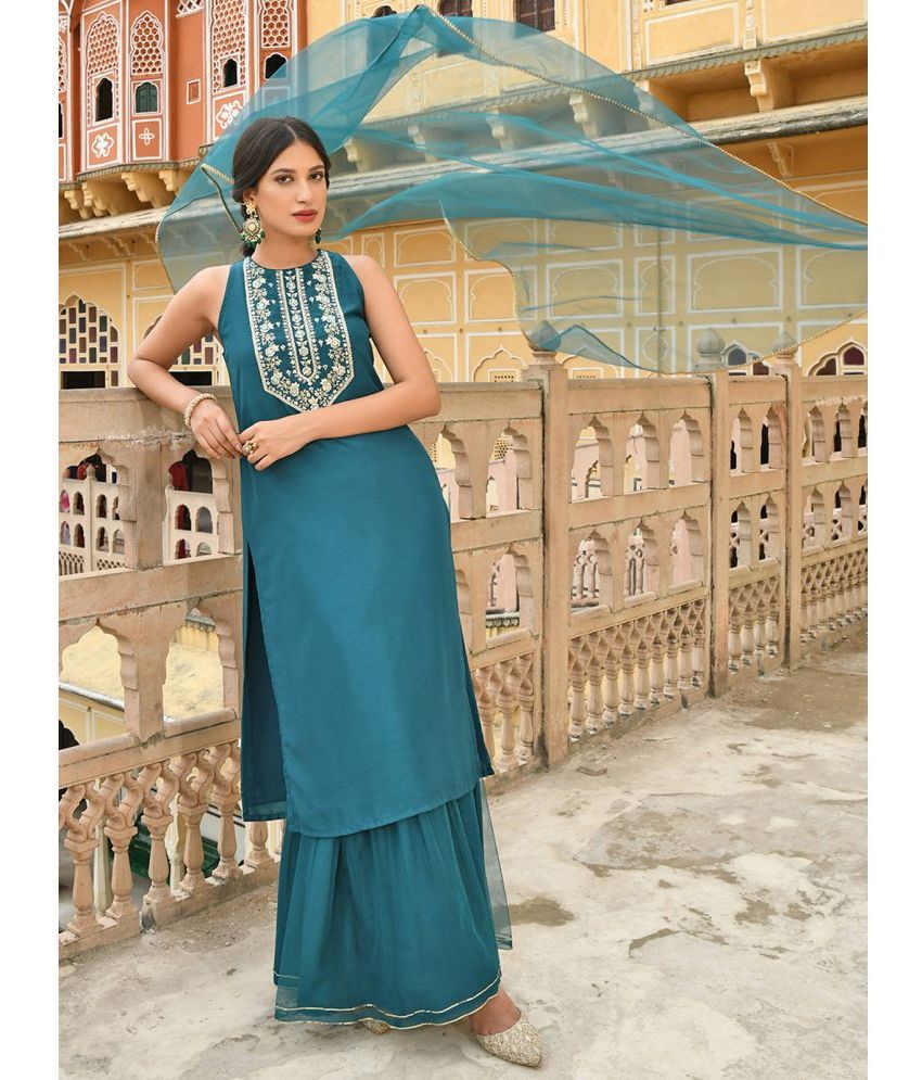     			Janasya - Teal Straight Silk Blend Women's Stitched Salwar Suit ( Pack of 1 )