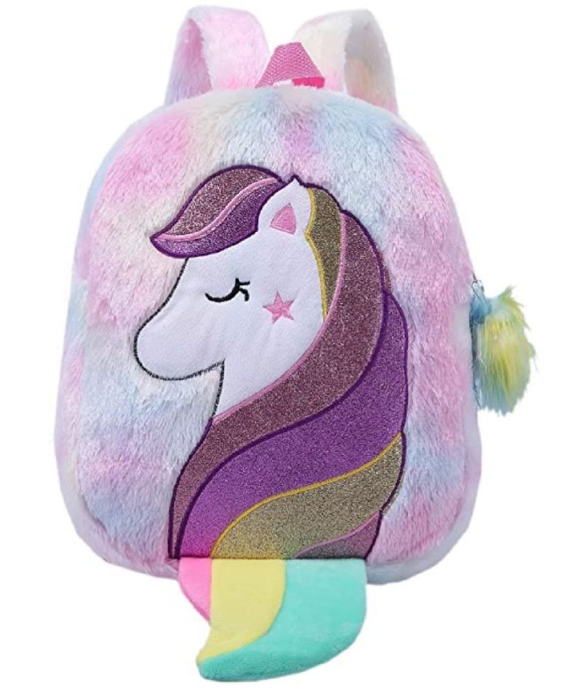     			Kidsaholic Unicorn Theme Multicolor Furr Fabric Backpack/Picnic Bag For School Girls Kids