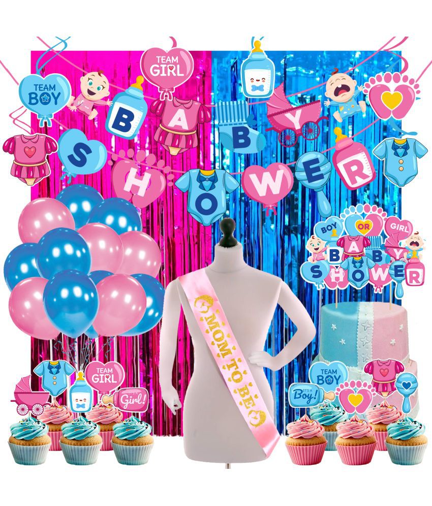     			Zyozi Baby Shower Decorations Props,Baby Shower Party Supplies Included Baby Shower Letter Banner,Cake Topper,Sash,Cupckae Topper, Hanging Swirls,Foil Curtain And Balloon(Pack of 46)