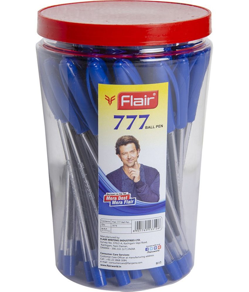     			Flair 777 Smooth Writing Ball Pen | Light Weight Ball Pen with Comfortable Grip for Extra Smooth Writing | Smooth Ink Flow | Ideal for School, Collage, Office | Blue, Pack of 1 x 50 Pcs Jar Set
