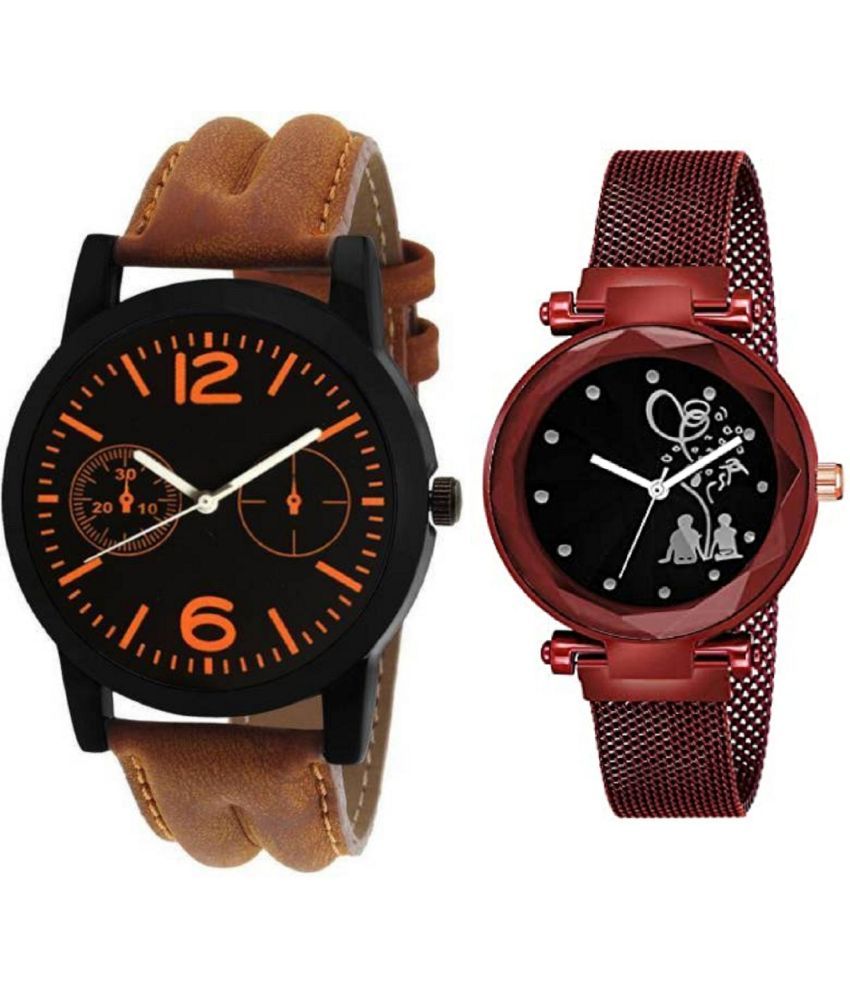     			newmen - Brown Leather Analog Couple's Watch