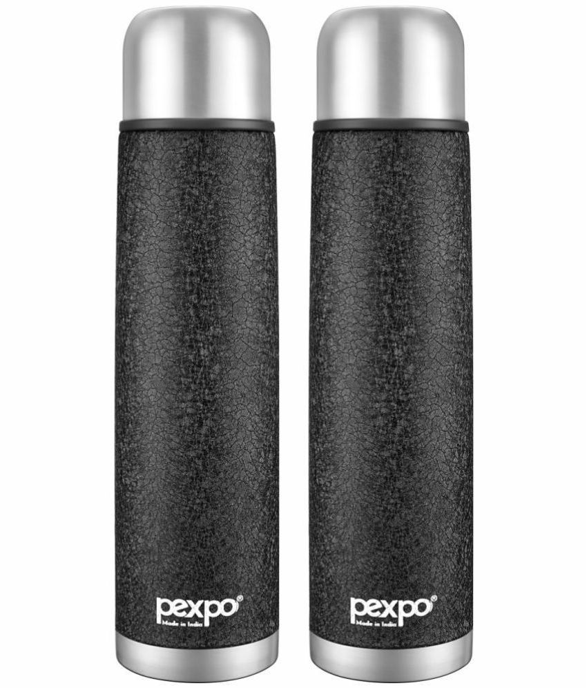     			Pexpo 1000ml 24 Hrs Hot and Cold Flask with Jute-bag, Flexo Vacuum insulated Bottle (Pack of 2, Black)