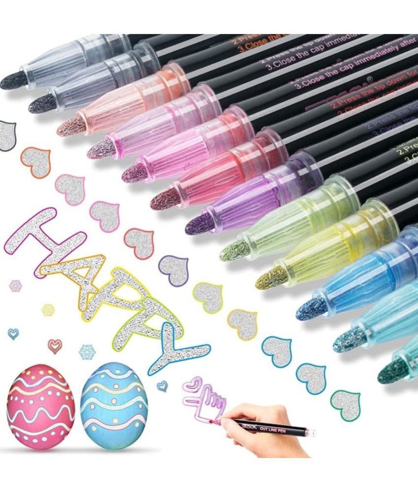     			YESKART-Double Line Outline Pen, Self-Outline Metallic Markers, 12 Colors Bullet Journal Pens & Glitter Pens for Card Making, Scrapbooking, Drawing, DIY Art Crafts, Kids, Adults (Multi) PACK OF 12 PC