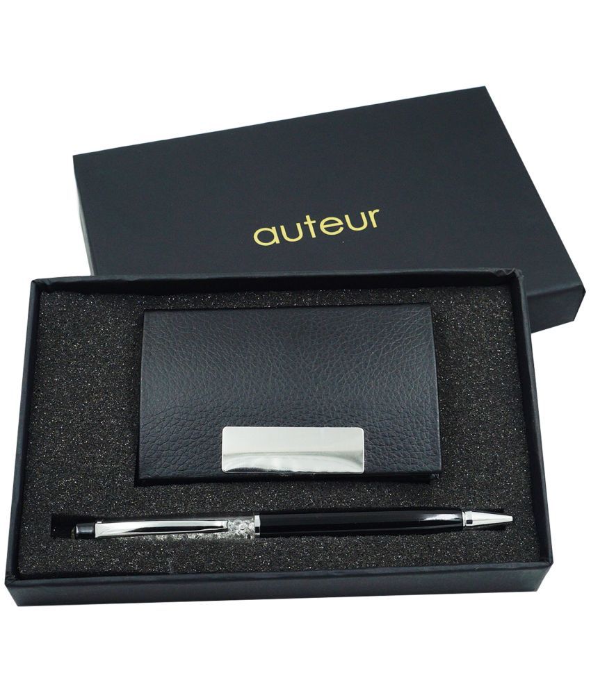     			auteur Premium Gift Set Men & Women(Crystal Black Ball Pen & Black Color RFID Safe Card Holder) Ideal Gift Choice For Your Love Ones