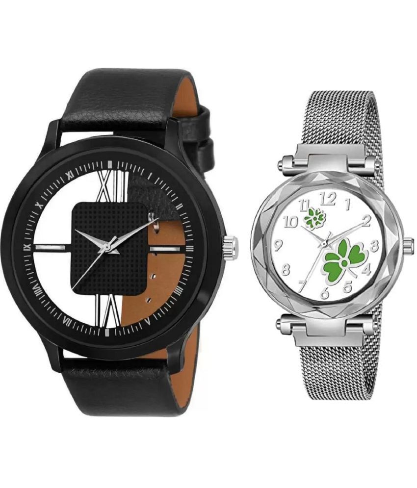     			newmen - Black Leather Analog Couple's Watch