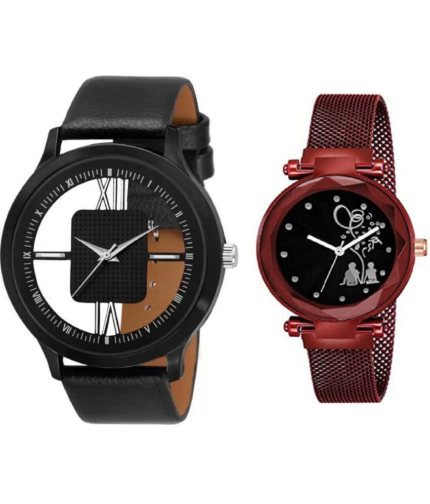     			newmen - Black Leather Analog Couple's Watch