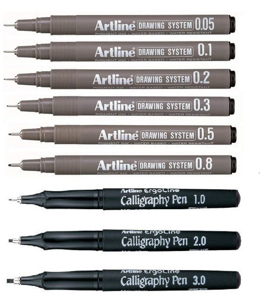     			Artline Ergoline Calligraphy And Drawing System Fineliner Pen (Pack Of 9, Black)
