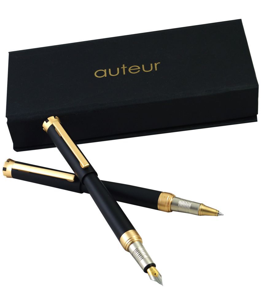     			auteur Premium Black Color Matt Finish Signature Series , Metal Body Roller & Fountain Pen Gift Set .