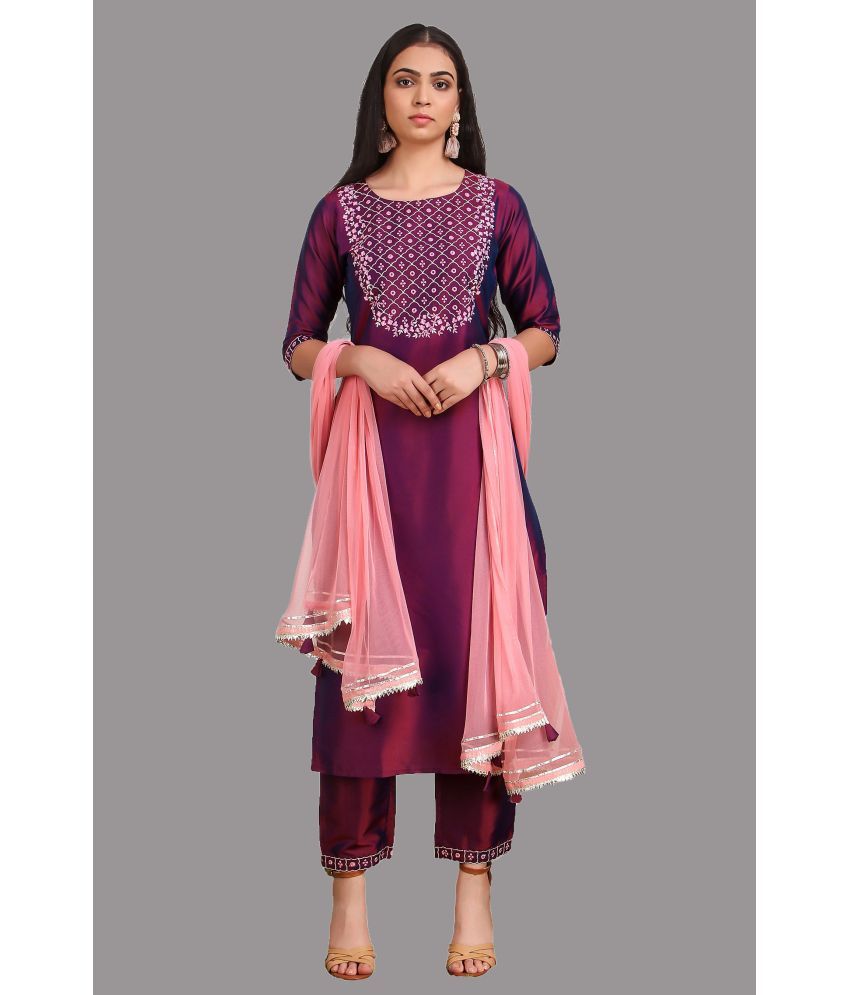     			MEHZEEL FAB - Purple Straight Silk Blend Women's Stitched Salwar Suit ( Pack of 1 )