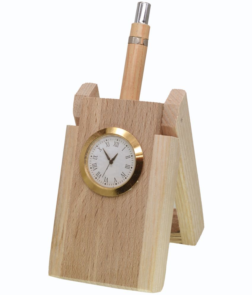     			Wooden Pen Holder Stand Office Home Dryer Table Desk Clock