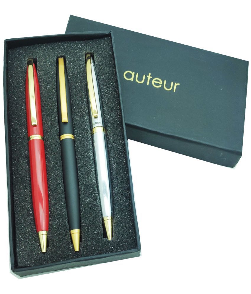     			auteur 156 Red, Black & Chrome Color Ball Pen Set Of 3 With 18 KGP Gold Finish Clip  Metal Body Best Ball Pen Gift Set For Men & Women Professional Executive Office, Nice Pens