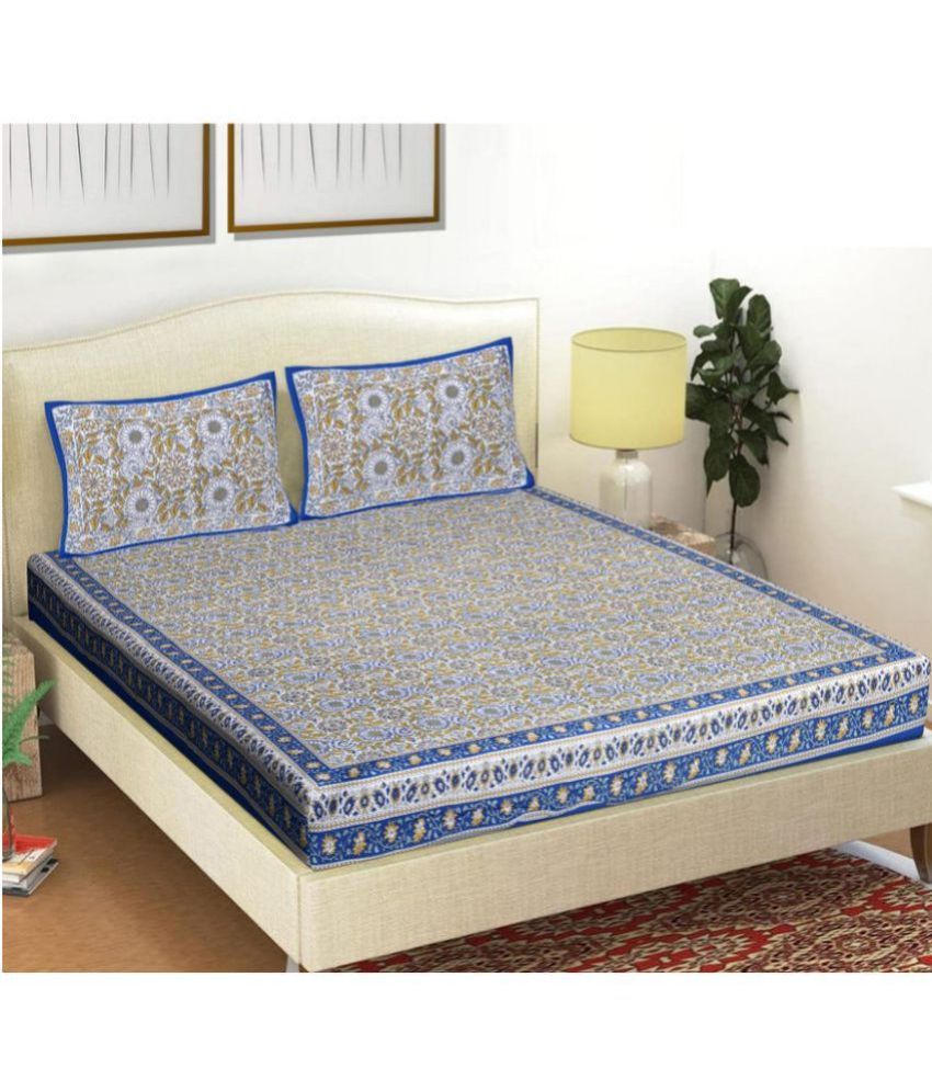     			FrionKandy Living - Blue Cotton Double Bedsheet with 2 Pillow Covers