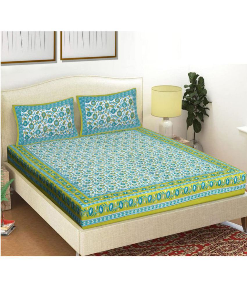     			FrionKandy Living - Green Cotton Double Bedsheet with 2 Pillow Covers