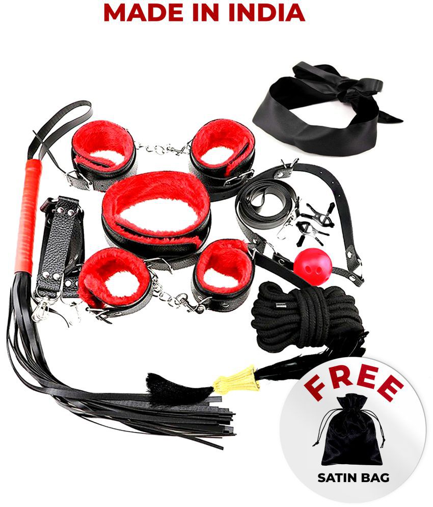     			Kamuk Life Black Leather Red Fur BDSM Bondage sex toy Kit for Adult party fun, honeymoon couples, SM Domination, sexy fun Adult vibrator gifting includes Handcuffs nipple clamps flogger blindfold mouth gag hogtie ankle cuff neck collar  total-11 pcs