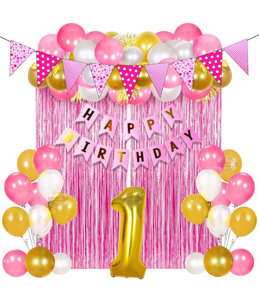 Happy Birthday Decorations Set 1 pc. Happy Birthday Banner (Pink)+ 2