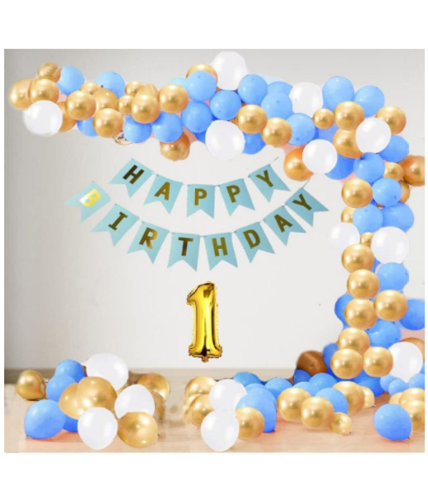     			Jolly Party  1 Year Decoration kit For Boy and Girl Happy-Birthday 62 Pcs Combo Items 20 golden, 20 White 20 Blue balloons and 13 letter happy birthday banner and 1 letter golden foil balloon.