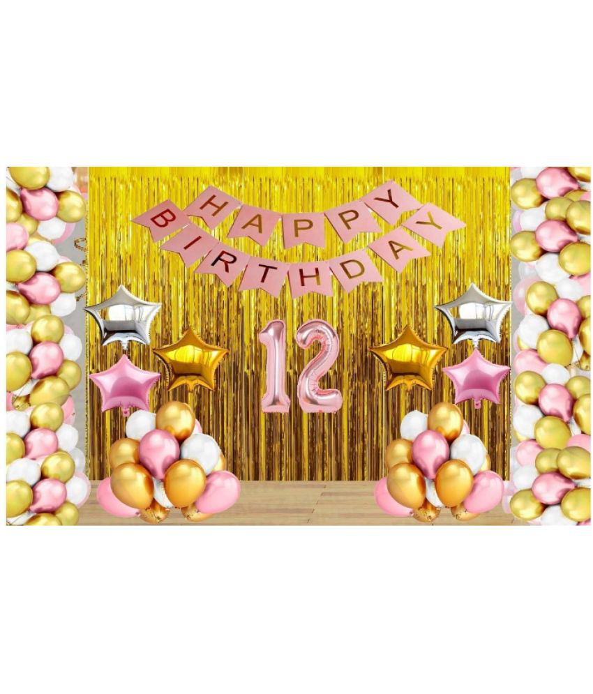     			Jolly Party  Rose Gold Balloons with Happy Birthday Decoration Items /Happy Birthday Pink Banner Set of 13 Letters ,30 HD Metallic Pink , Gold & White Balloons ,2 Gold , 2 Silver & 2 Rose Gold star Foil Balloons ,2 Gold Curtains Fringe