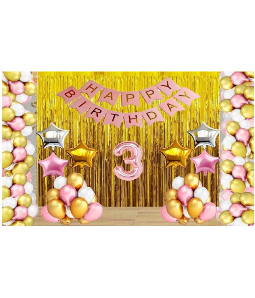     			Jolly Party  Rose Gold Balloons with Happy Birthday Decoration Items /Happy Birthday Pink Banner Set of 13 Letters ,30 HD Metallic Pink , Gold & White Balloons ,2 Gold , 2 Silver & 2 Rose Gold star Foil Balloons ,2 Gold Curtains Frin