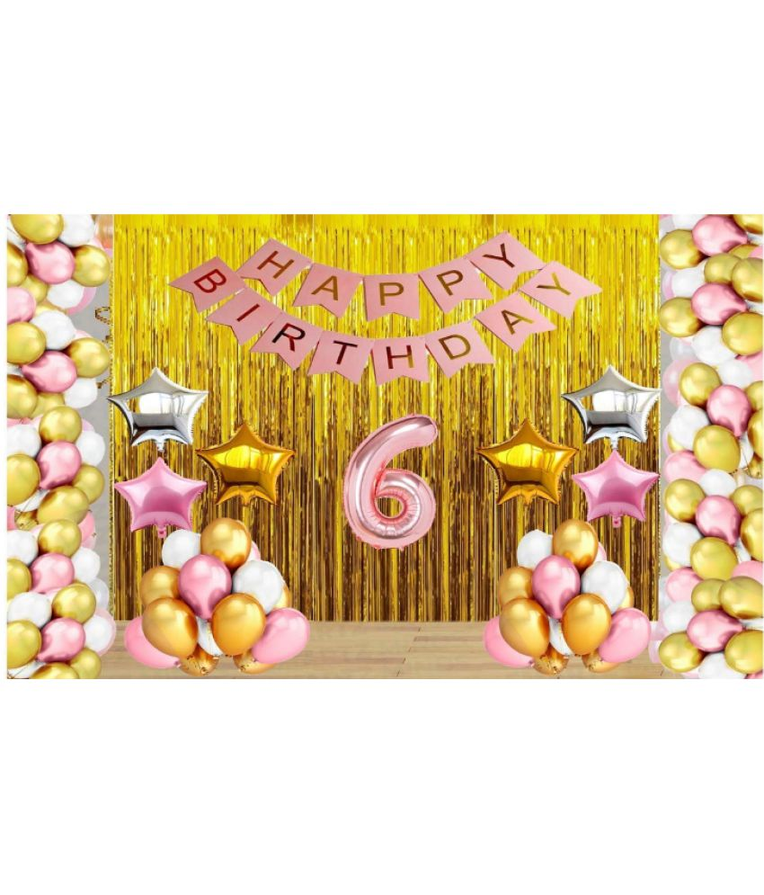     			Jolly Party  Rose Gold Balloons with Happy Birthday Decoration Items /Happy Birthday Pink Banner Set of 13 Letters ,30 HD Metallic Pink , Gold & White Balloons ,2 Gold , 2 Silver & 2 Rose Gold star Foil Balloons ,2 Gold Curtains Fringe