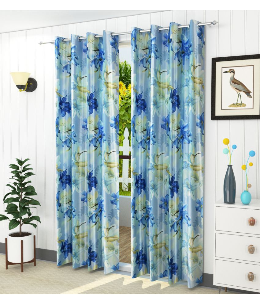     			Homefab India Floral Blackout Eyelet Door Curtain 7ft (Pack of 2) - Blue