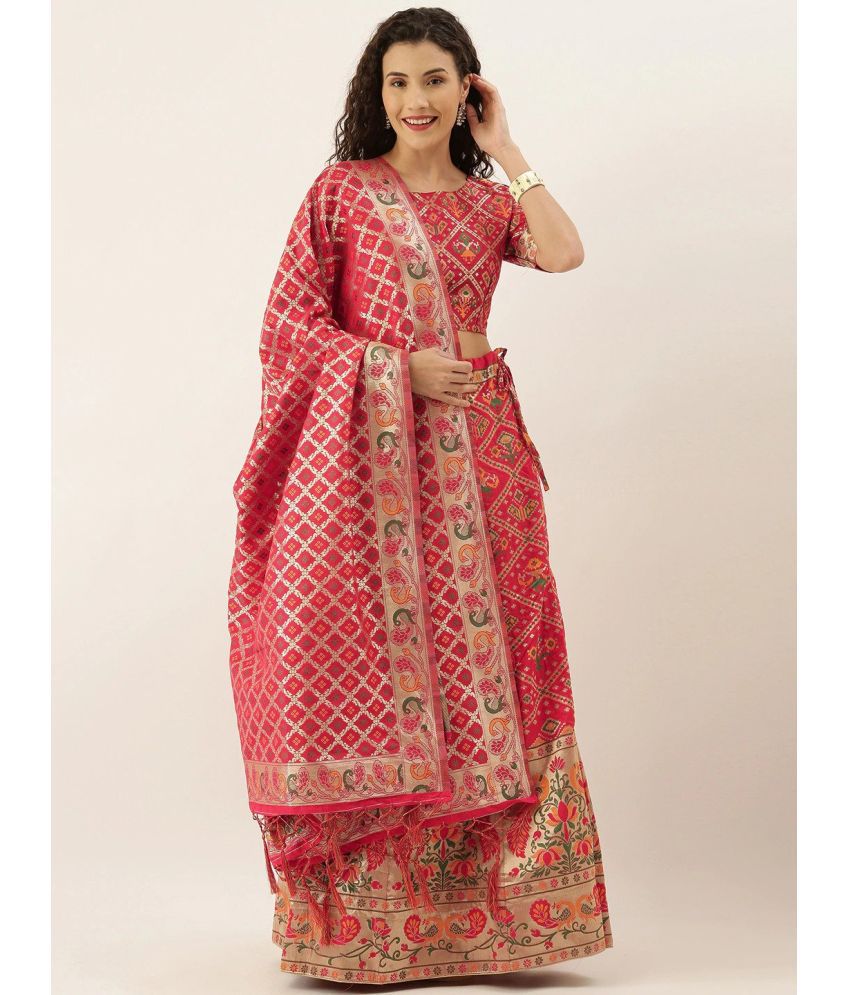     			Om Shantam Sarees Pink Banarasi Silk Chaniya Choli Semi Stitched Lehenga Single