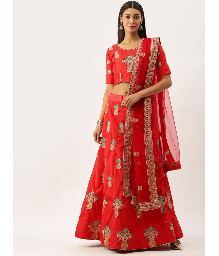     			Om Shantam Sarees Red Silk Blends Chaniya Choli Semi Stitched Lehenga Single