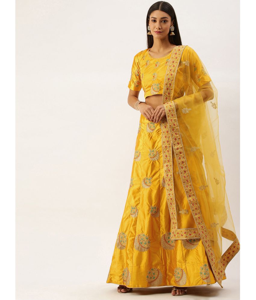     			Om Shantam Sarees Yellow Silk Blends Chaniya Choli Semi Stitched Lehenga Single