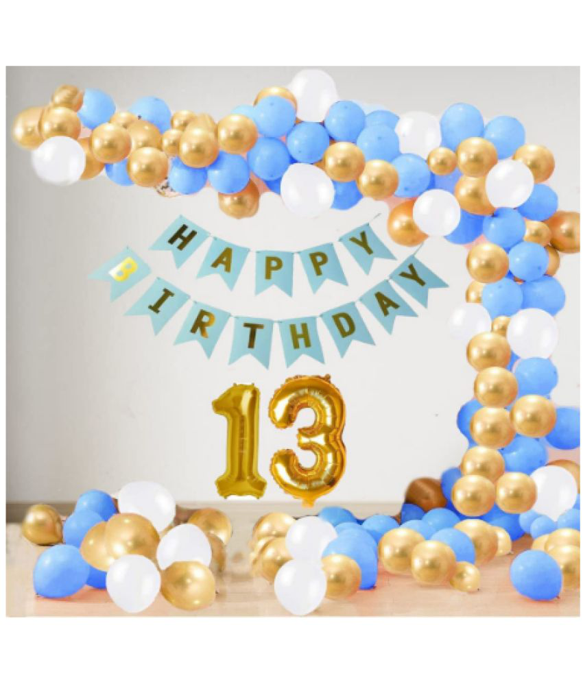     			Jolly Party  13 Year Decoration kit For Boy and Girl Happy-Birthday 62 Pcs Combo Items 20 golden, 20 White 20 Blue balloons and 13 letter happy birthday banner and 13 letter golden foil balloon.