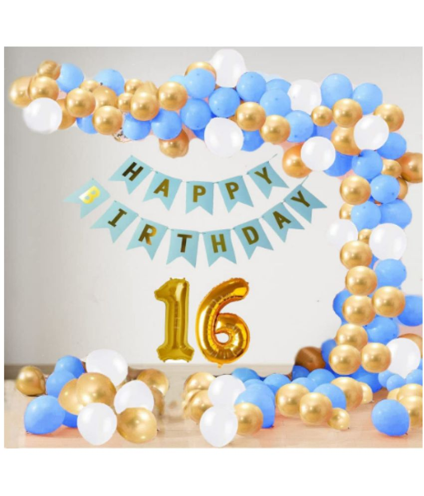     			Jolly Party  16 Year Decoration kit For Boy and Girl Happy-Birthday 62 Pcs Combo Items 20 golden, 20 White 20 Blue balloons and 13 letter happy birthday banner and 16 letter golden foil balloon.