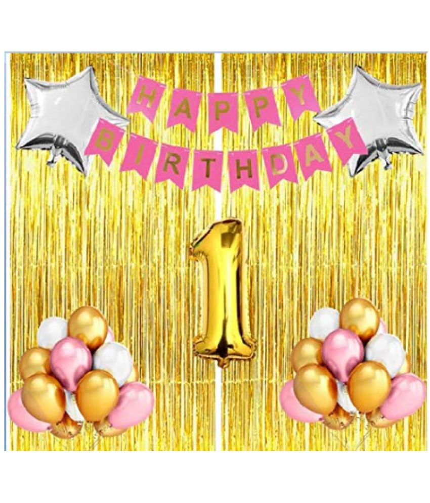     			Jolly Party  1st Birthday Special Combo Total 50 Pcs-Pink Happy Birthday Bunting Banner(13)+Golden Foil Curtain(2)+Silver Foil Star(2)+Golden Foil 1 No.(1)+Balloons Metallic-Pink(12)+White(10)+Golden(12)