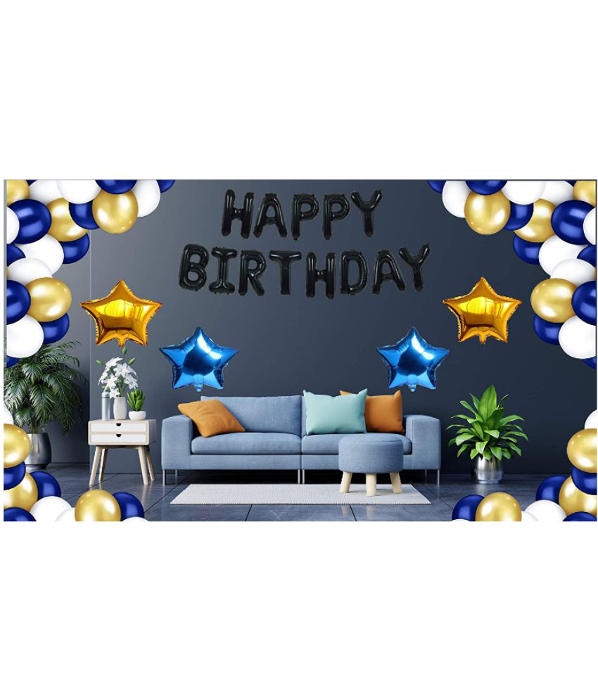     			Jolly Party  Happy Birthday Decoration Items  BlackFoil HBD+ 30 HD Metallic Royal Blue , Gold & White Balloons Decoration +  (2 Gold Star & 2 Royal Blue) Star