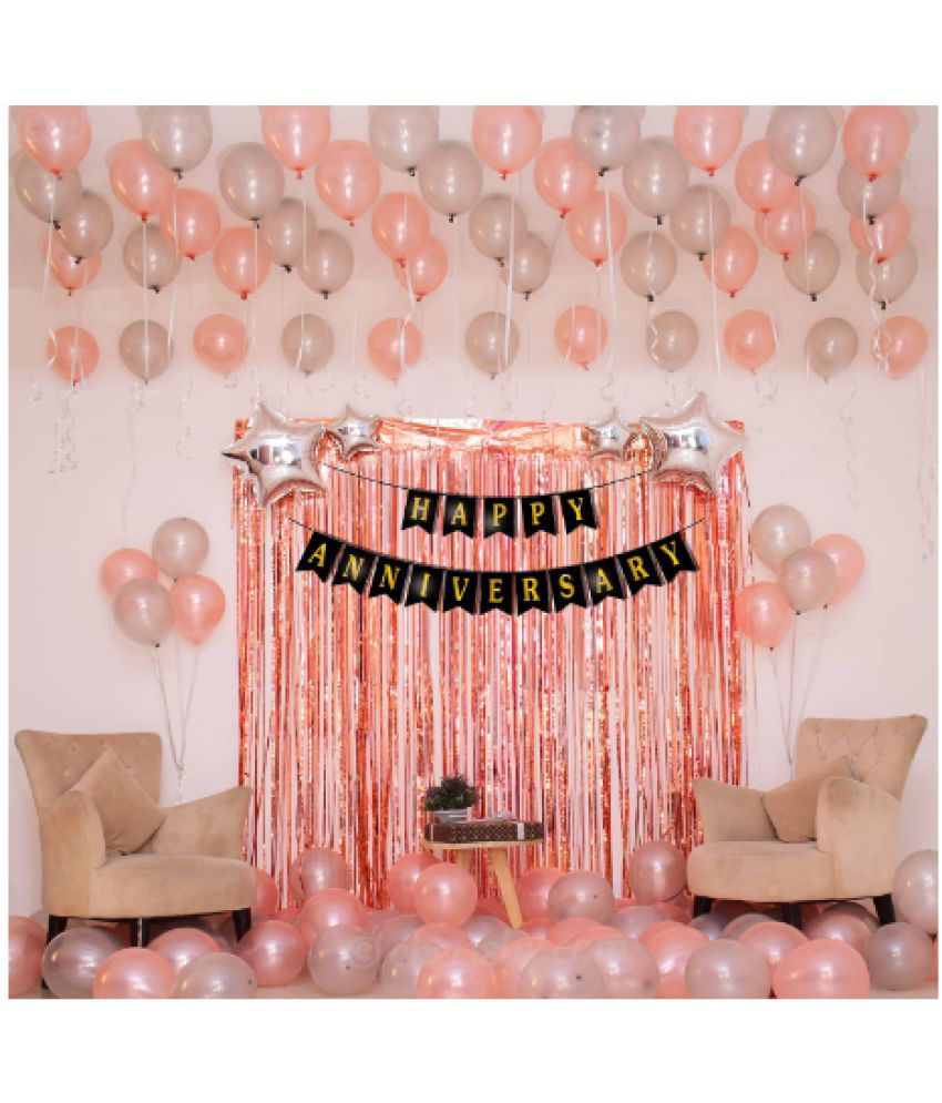     			Jolly Party  Rose gold Anniversary Decoration Items Combo - 27 Pcs - Anniversary Banner, Foil curtains for party, Star Shape Foil & Metallic Balloon