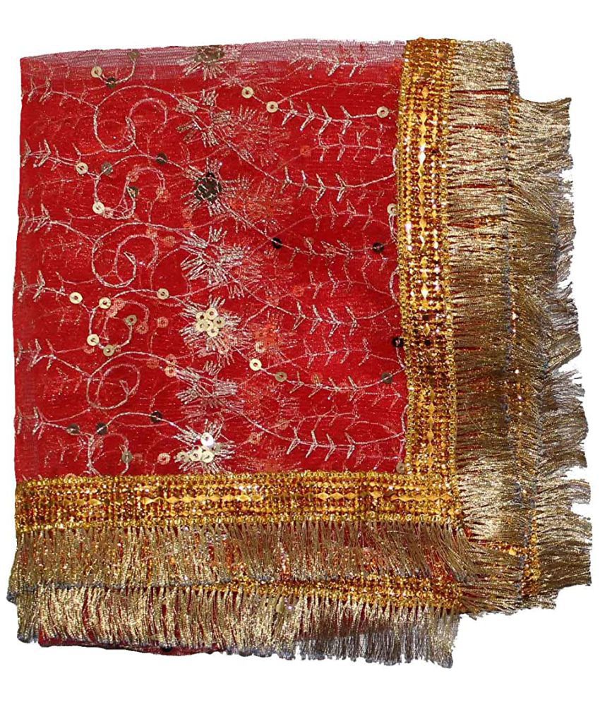     			Kaku Fancy Dresses Mata Ki Chunari | Puja Chunri | Kanya Pujan Navratri Puja Patka Mata Lal Chunni With Golden Embroidery And Lace | Embroidered 36 x17-1Pc -Red, for Girls