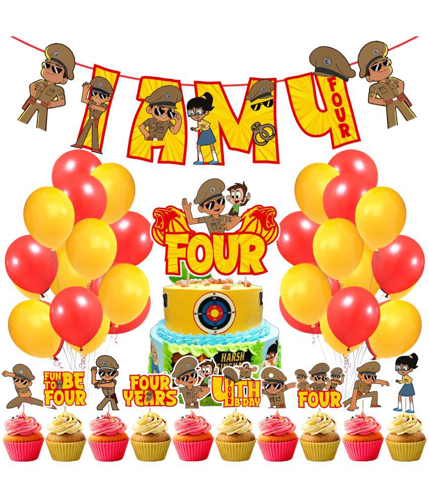     			Zyozi Little Singham Party Supplies,Litlle Singham 4th Birthday for Boys with I AM FOUR Banner Cake Topper Cupcake Toppers Balloons Birthday Decoration Kit (Pack of 37)