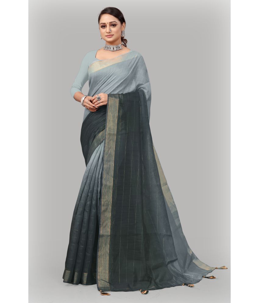     			Kyarn - Grey Cotton Blend Saree With Blouse Piece ( Pack of 1 )