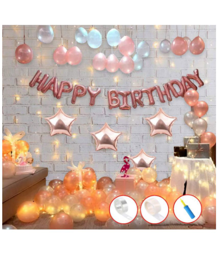     			Jolly Party  Rose Gold Birthday Decoration Kit-78Pcs Star Foil Balloons With Happy B day Balloons Banner Led Light And Hand Balloon Pump