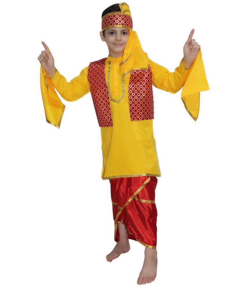     			Kaku Fancy Dresses Indian State Punjabi Folk Dance Costume for Kids / Gidda Dance Costume For Boys - Yellow & Red, 10-12 Years