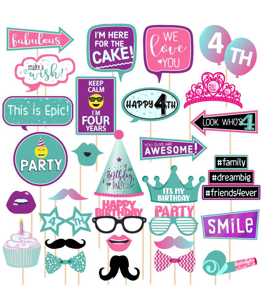    			Zyozi 30 Pieces 4th Birthday Photo Booth Props Kit Colorful Funny Kids 4th Birthday Theme for Birthday Party Celebration Decorations