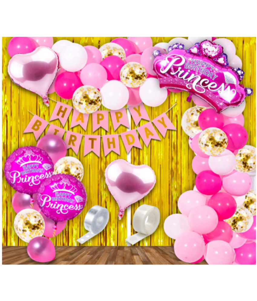     			Jolly Party  Pink Happy Birthday Decoration Kit for Girls 50 pcs Combo Set Metallic Confetti Balloon, Princess Foil Balloon Girls Birthday Decoration Items