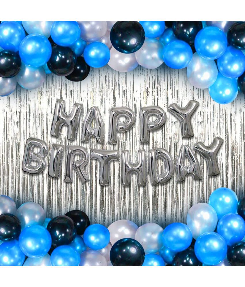     			Party Propz Happy Birthday Decorations For Boys Kit - Silver Happy Birthday Foil Balloon, Blue Black Balloons For Birthday, Foil Curtain For Boys, Husband- Happy birthday Decoration Kit