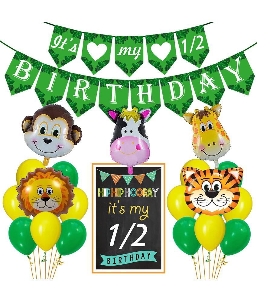     			Party Propz Jungle Theme Half Birthday Decorations For Boys 36pcs Combo Set Hawaiian Animals Safari Forest Half Birthday Bunting, Balloons, Foil Balloons, Half Birthday Board