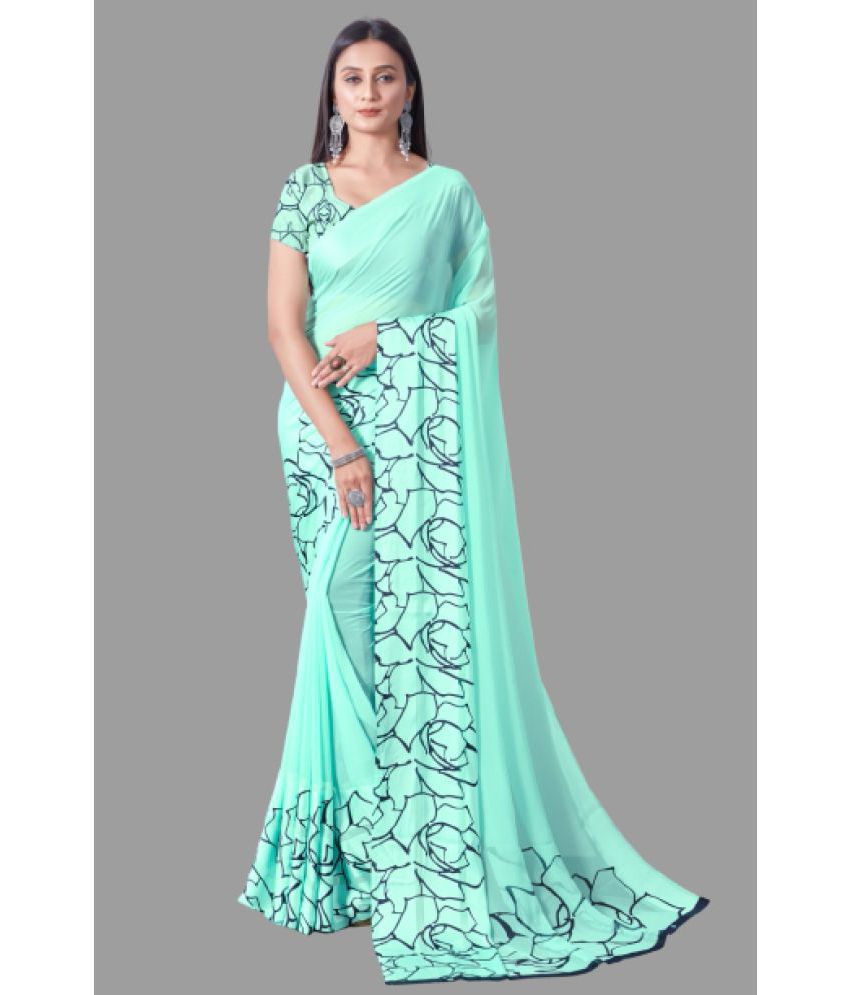 Sitnjali Lifestyle - SkyBlue Georgette Saree With Blouse Piece ( Pack of 1 )