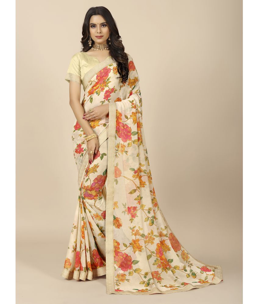 Rangita Women Floral Printed Georgette Saree With Blouse Piece - Cream
