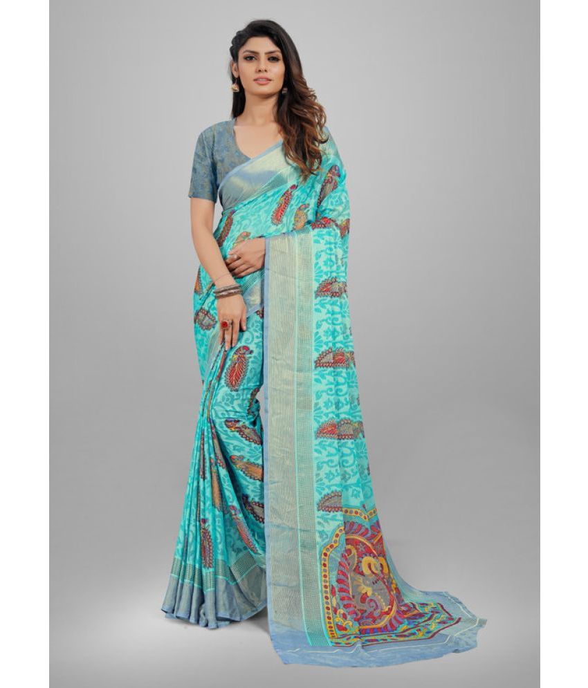     			Sitnjali Lifestyle - SkyBlue Brasso Saree With Blouse Piece ( Pack of 1 )