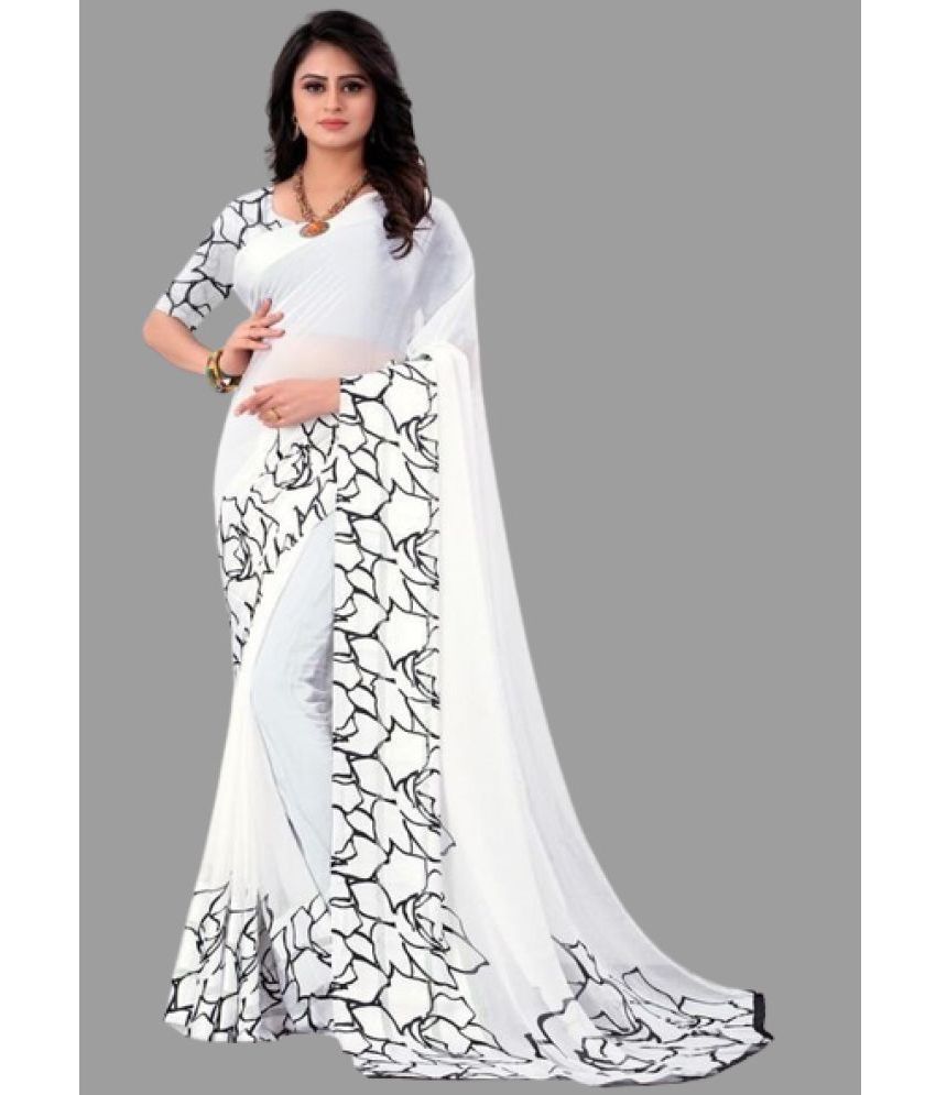     			Sitnjali Lifestyle - White Georgette Saree With Blouse Piece ( Pack of 1 )