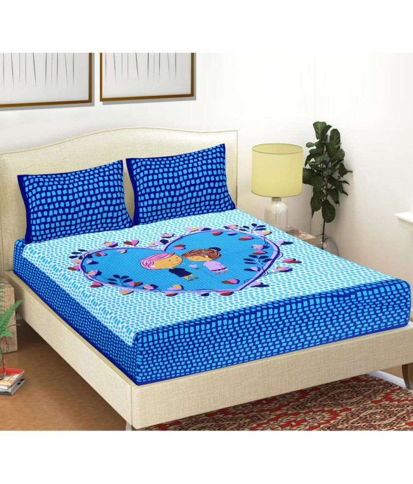     			FrionKandy Living - Blue Cotton Double Bedsheet with 2 Pillow Covers