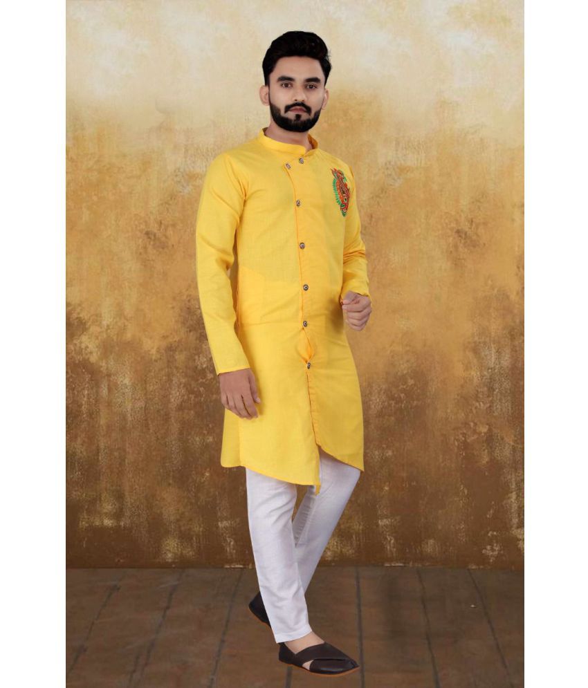     			Kunj Creation - Yellow Cotton Regular Fit Men's Kurta Pyjama Set ( Pack of 1 )