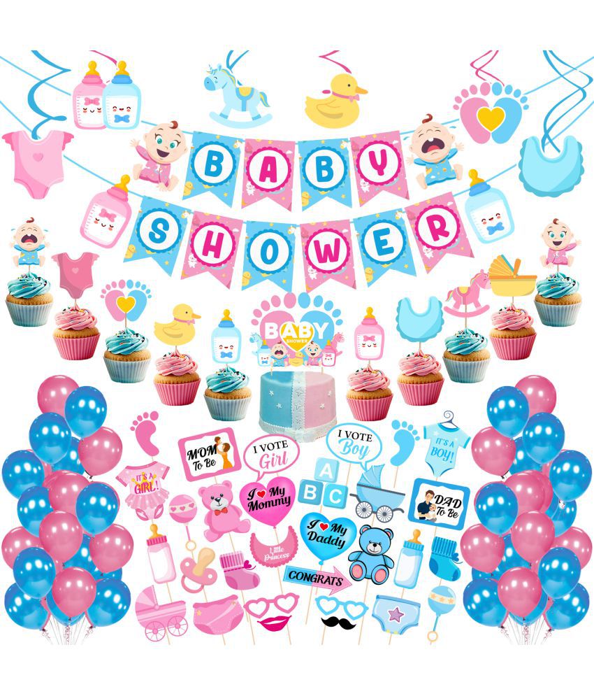     			Zyozi Baby Shower Decorations,Baby Shower Party Supplies Included Baby Shower Letter Banner,Cake and Cup Cake Topper,Balloon,Swirls,PhotoProps For Baby Shower Theme Party Favors (Pack of 73)