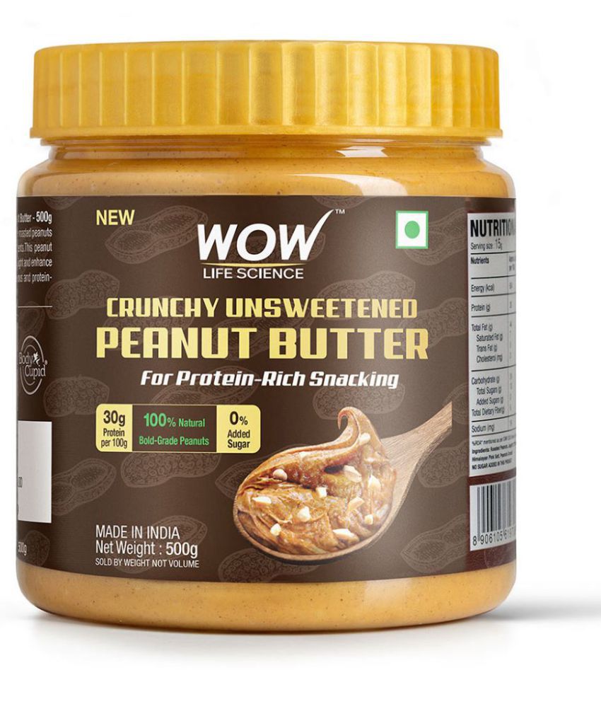 WOW Life Science Crunchy Unsweetened Peanut Butter - 500g
